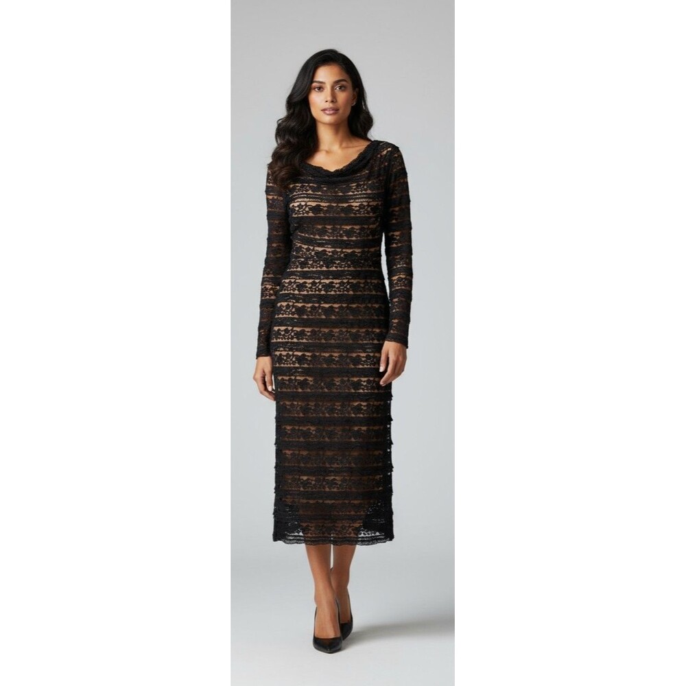 Studio M Black Lace Bodycon Dress – Nude Lining, Asymmetrical Scoop Neck, Size L